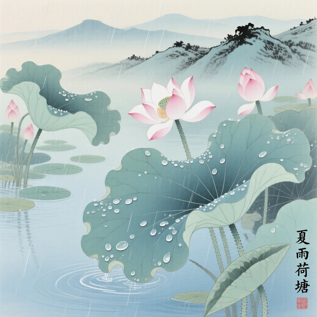 A summer rainstorm passing over a lotus pond, droplets on every leaf, with distant mountains fading into soft mist