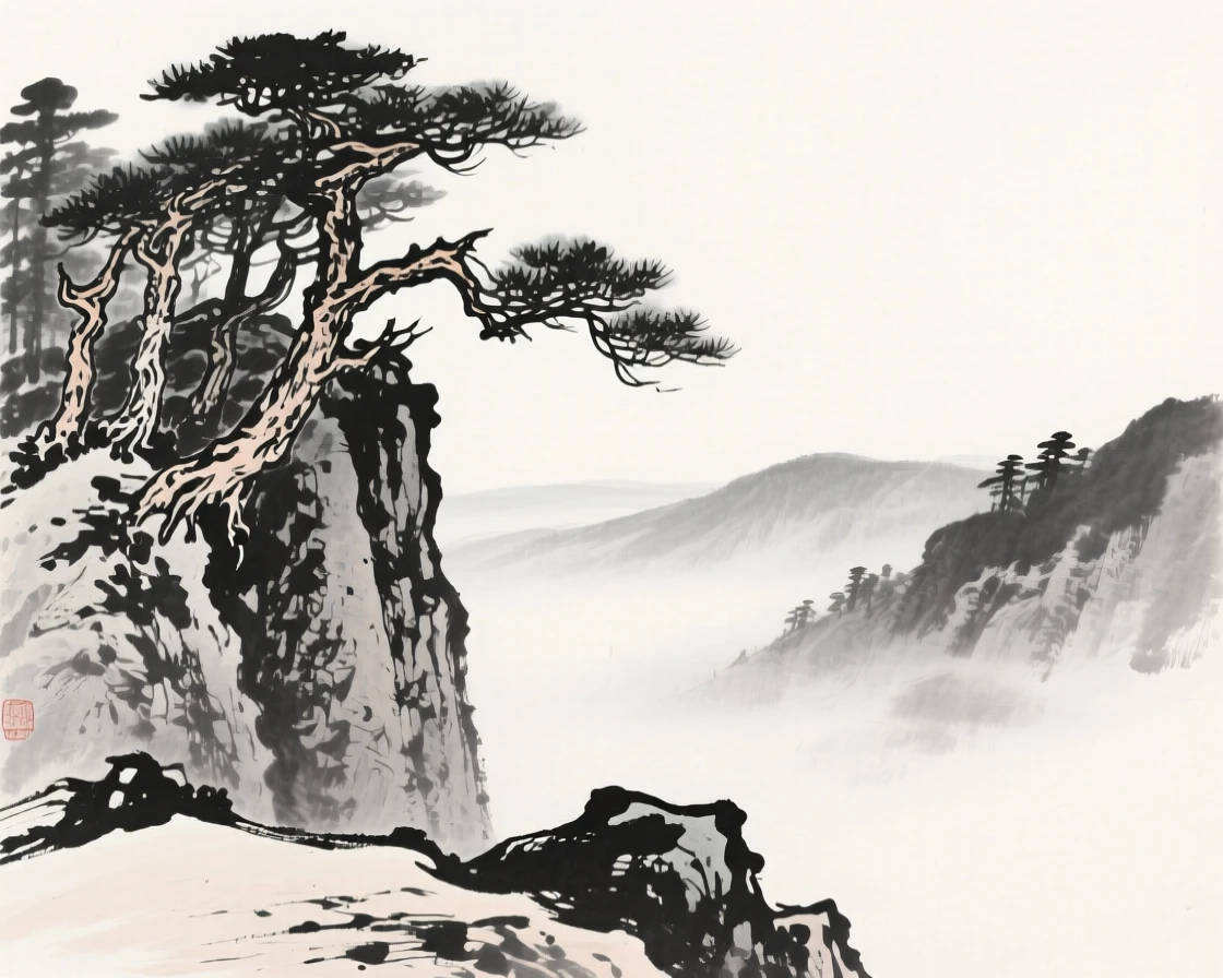 A cluster of weathered pines clinging to a steep cliff face as thin mist rolls slowly through the lower valley, framed low, with the foreground rocks leading the eye toward the distance, suggesting the quiet vastness of the natural world.