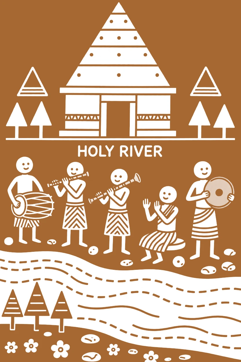 A group of temple musicians at the banks of a holy river.