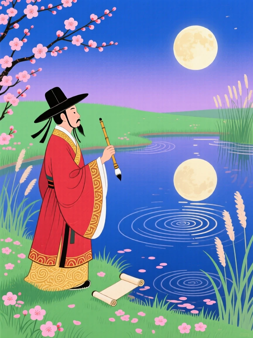 A wandering poet gazing at the reflection of the moon in a still pond, in the soft light of early spring.