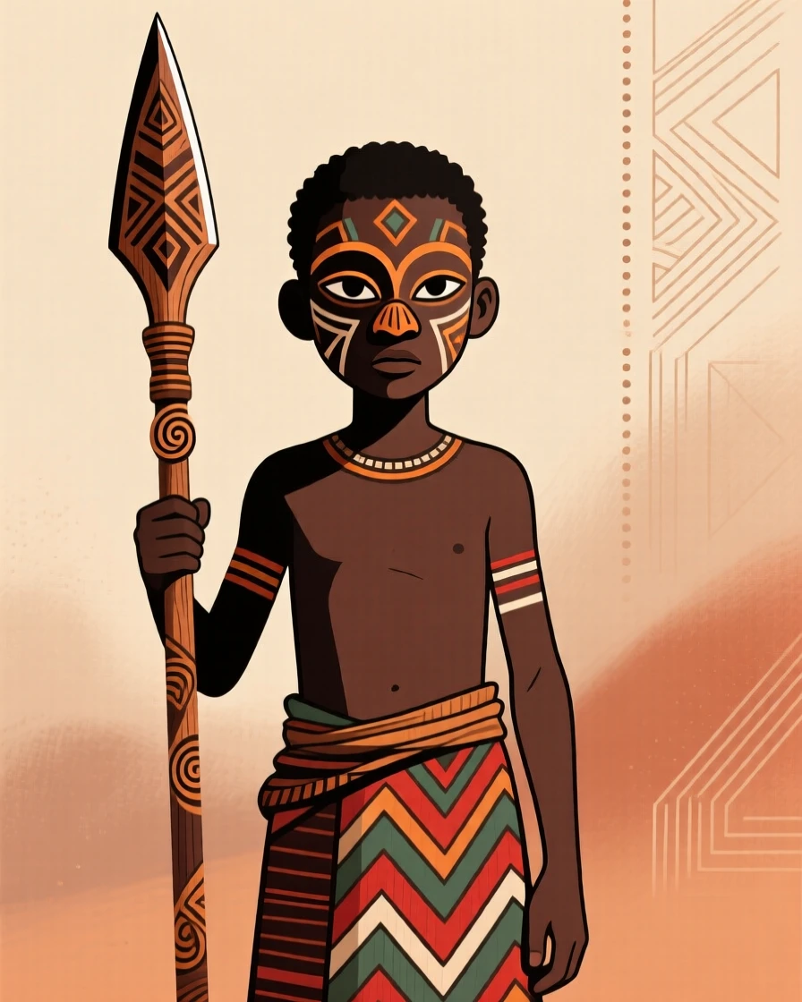 A boy proudly holding a hand-carved spear.