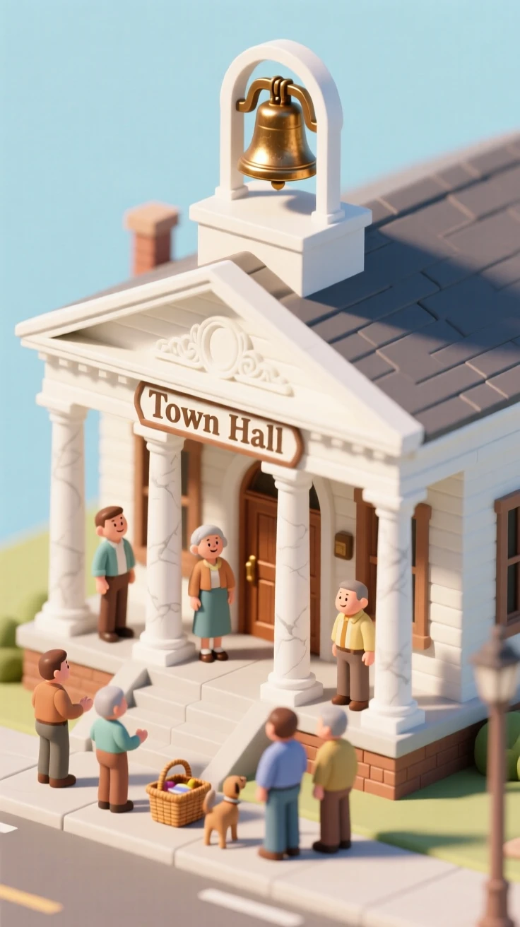 A cozy small-town courthouse with white columns, a bell tower chiming noon, and townsfolk gathered on the steps below.