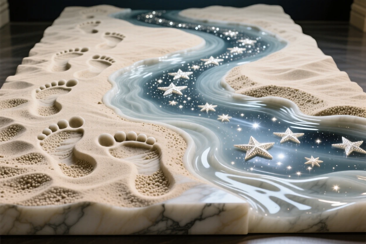 A striking, imaginative composition featuring footprints in the sand that turn into a flowing river of stars, blending realism with dreamlike wonder