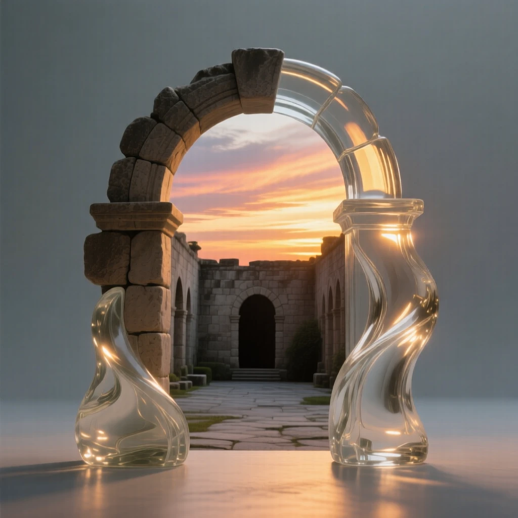 Beneath a sky streaked with the colors of sunset, an ancient stone archway leading into a hidden courtyard