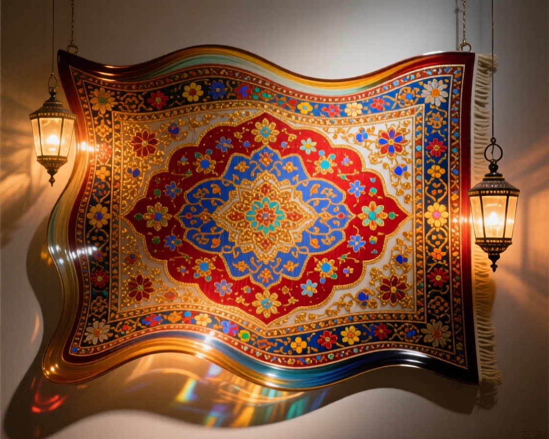 A traditional Persian carpet pattern glowing beneath soft lantern light, intricate and warm.