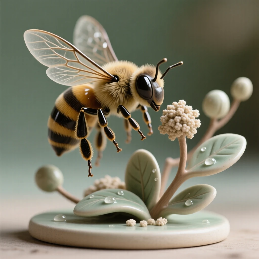 A bee gathering pollen mid-flight resting quietly amid soft foliage, glistening with a light morning dew, stirring quiet joy and gentle wonder.