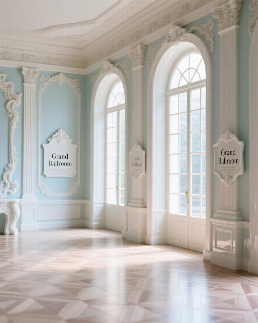The ornate interior of a grand ballroom, tall arched windows filling the space with light.