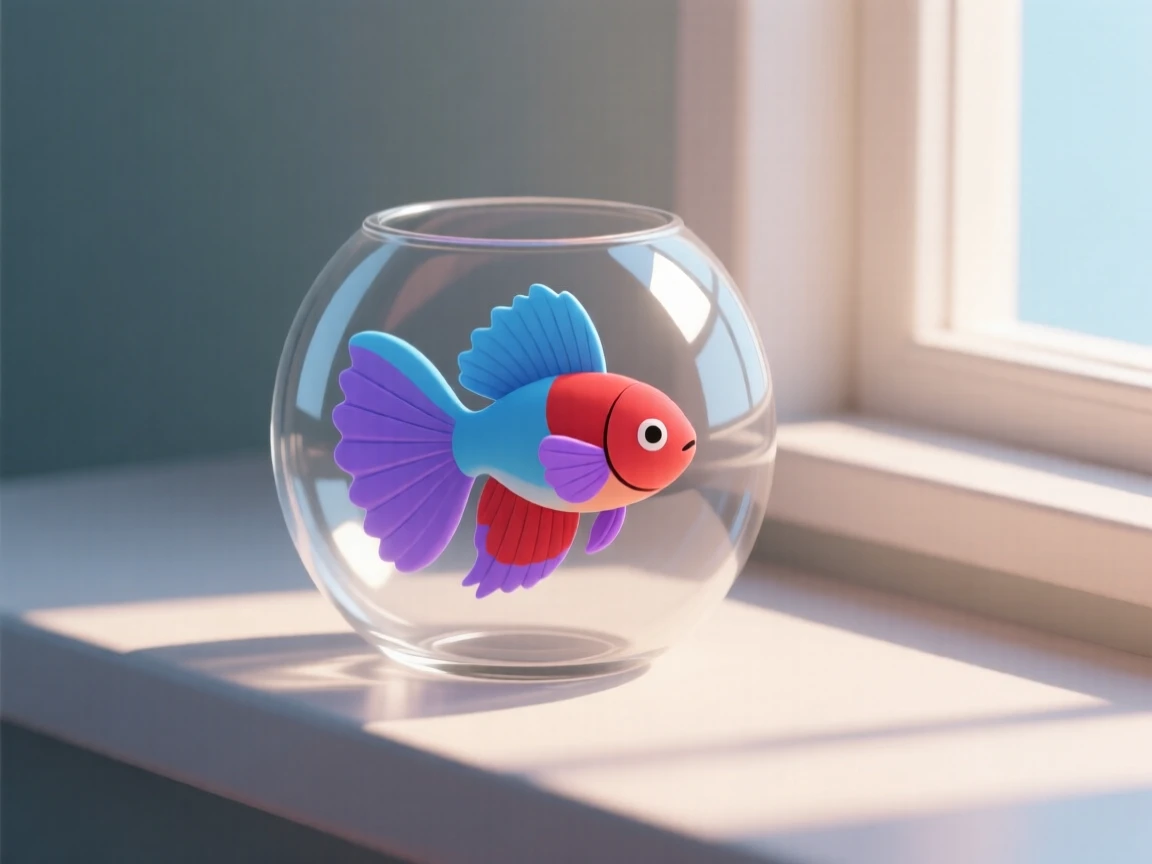 A colorful betta fish flares its flowing fins proudly inside a small glass bowl on a sunny windowsill.