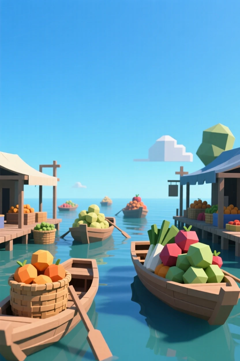 A floating market with boats piled high with produce, beneath a clear blue midday sky. the framing draws the eye along a natural leading line. The place feels steeped in history.