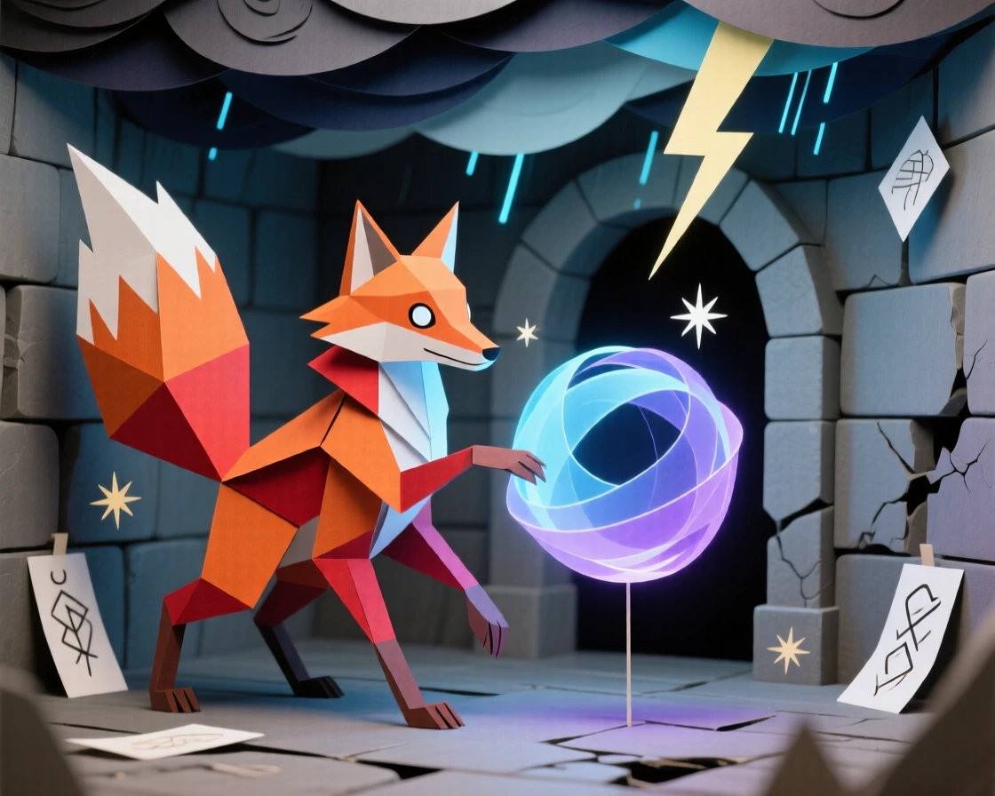 A shape-shifting fox spirit summoning glowing magic within a stone chamber, with distant thunder rumbling overhead, capturing dramatic tension and adventure.