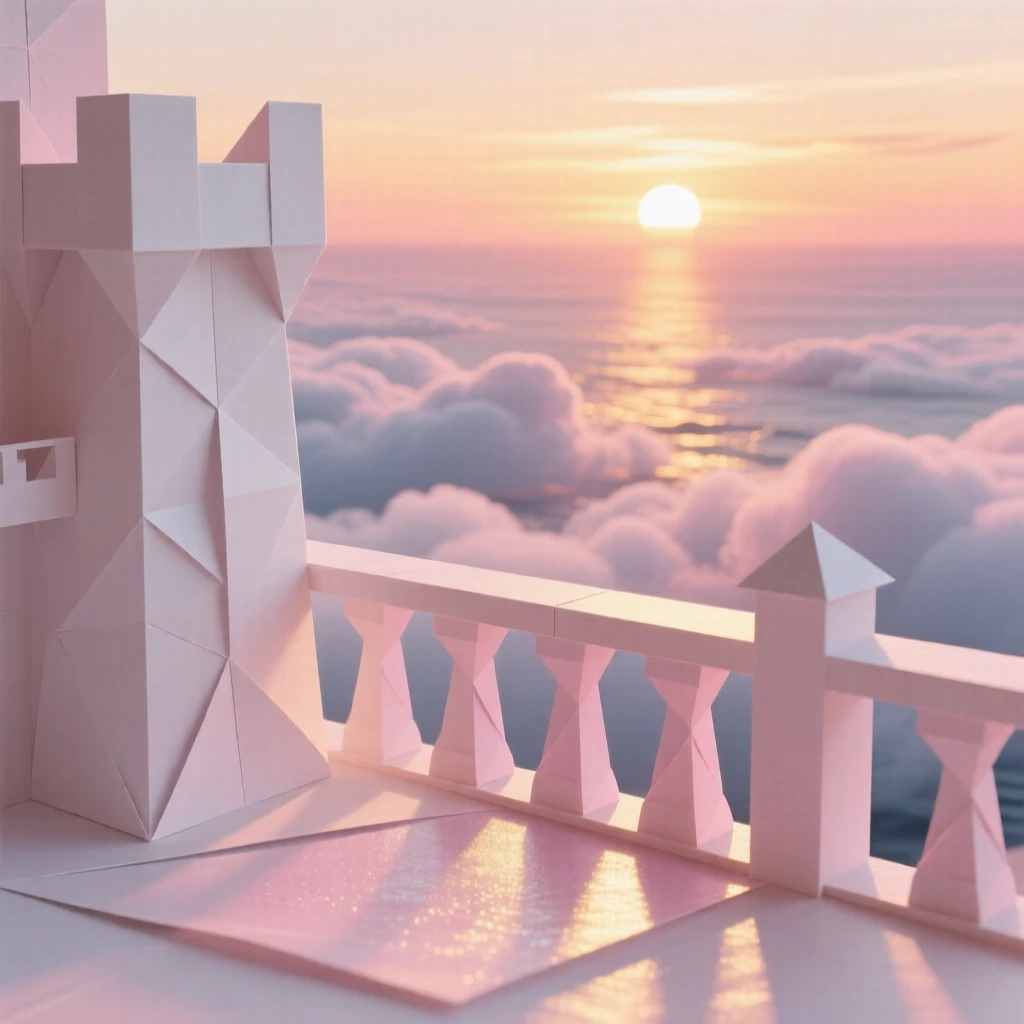 A castle balcony overlooking a sea of clouds glowing pink and gold at sunset.