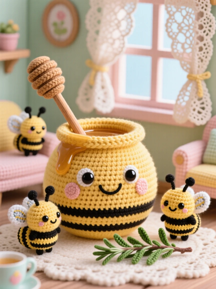 A delightful still-life of a smiling honey pot character with a wooden dipper resting inside, surrounded by a few buzzing bee friends within a charming tea room with lace curtains; a sprig of fresh herbs as garnish nearby, full of bright, appetizing cheerfulness.