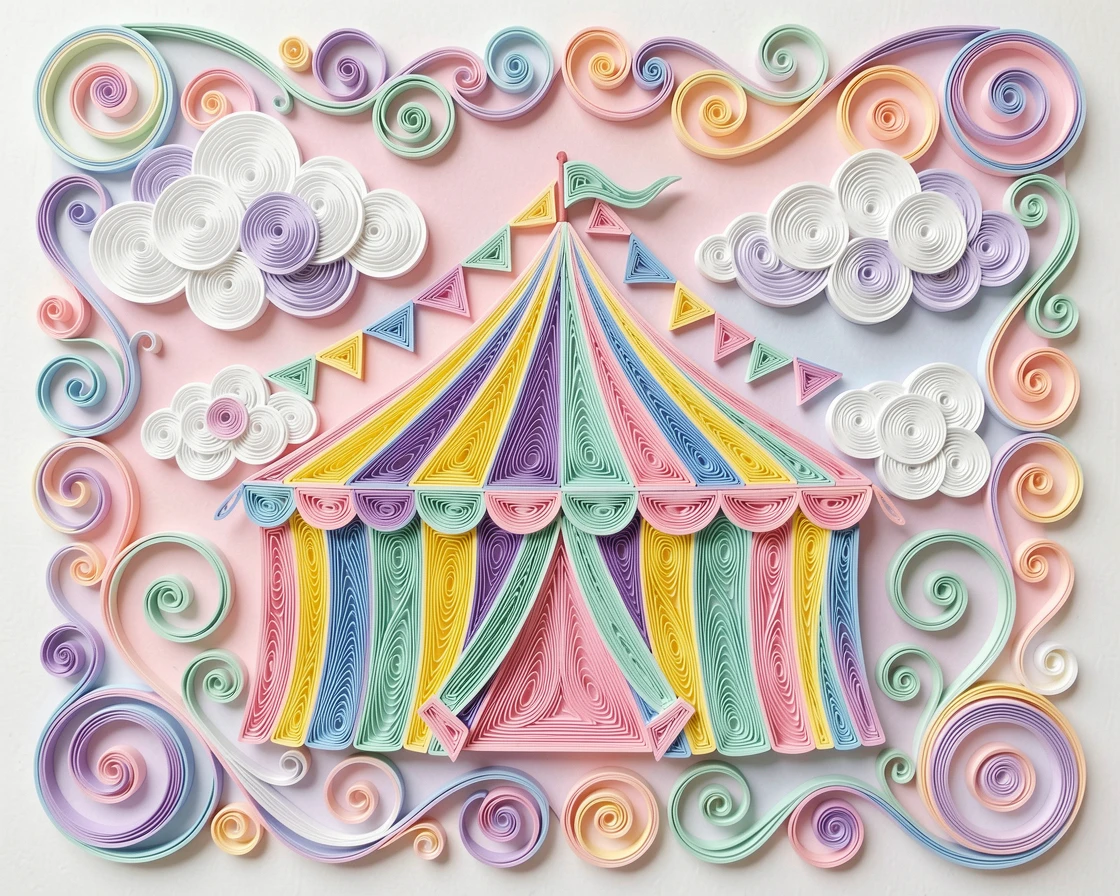 A whimsical children's scene of a circus tent with striped patterns and flags on top in a candy-colored dreamland, with soft fluffy clouds drifting by, framed with a whimsical storybook illustration feel.