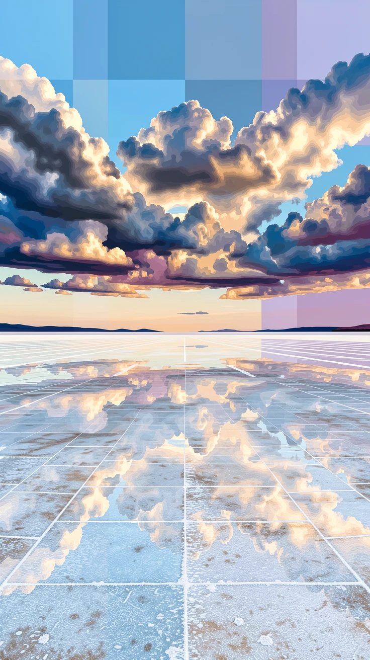A wide panoramic view of a vast salt flat mirroring the sky in perfect symmetry, with dramatic clouds and rich natural color.