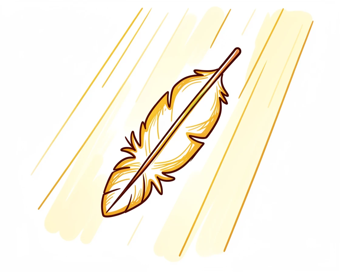 A single feather drifting gently down through beams of golden light.