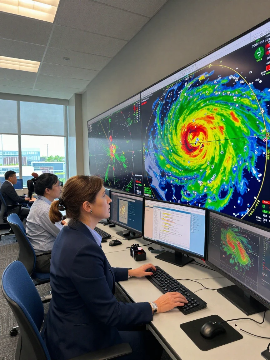 A meteorologist tracking a storm system on radar screens