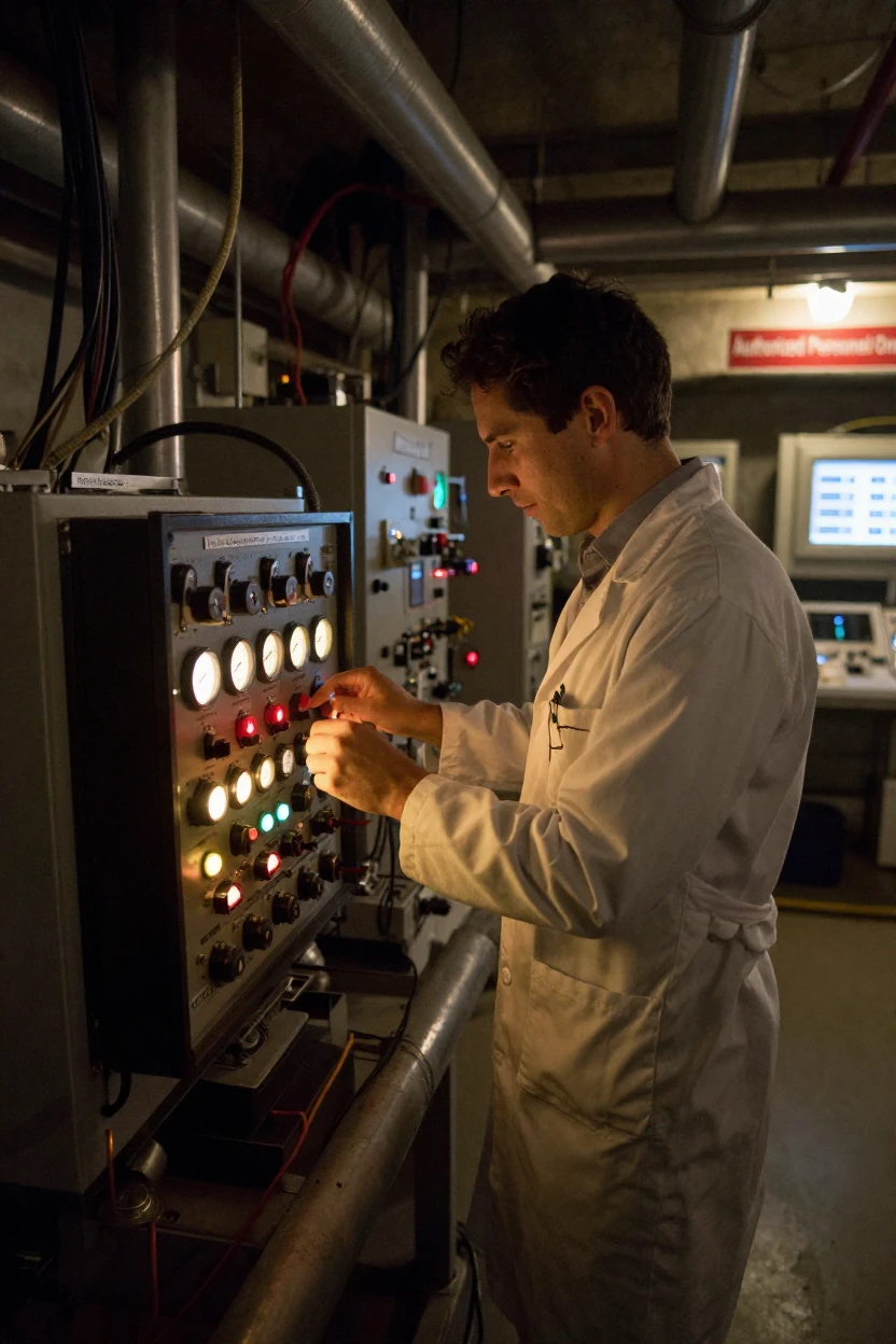 A scientist adjusts dials on a humming particle detector deep underground.