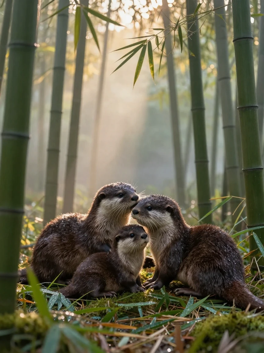 A family of otters nuzzling affectionately in the early morning in a quiet bamboo grove as the day slowly fades
