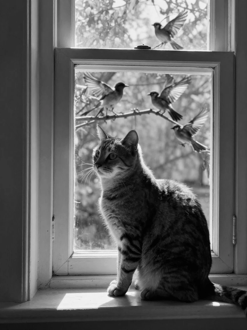 A cat watches birds from a windowsill perch on a sunlit windowsill.
