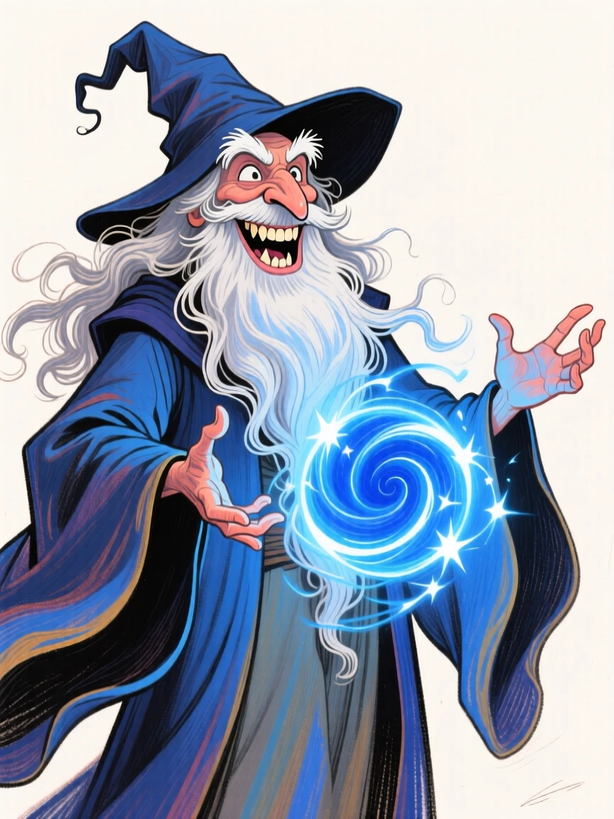 A wizard in flowing robes conjuring a swirling ball of blue magic between his palms.