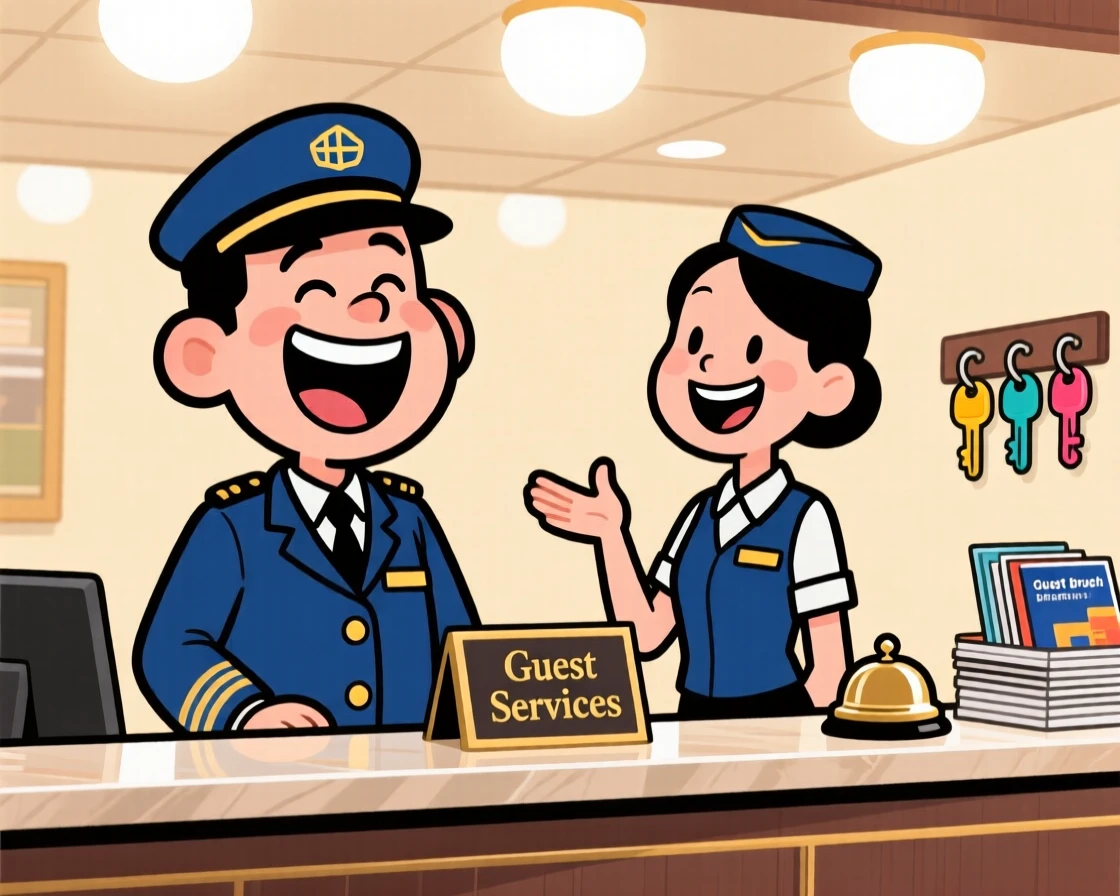 A vibrant profession-themed portrait of a friendly hotel concierge laughing at a joke from a coworker mid-shift, under bright overhead lights.