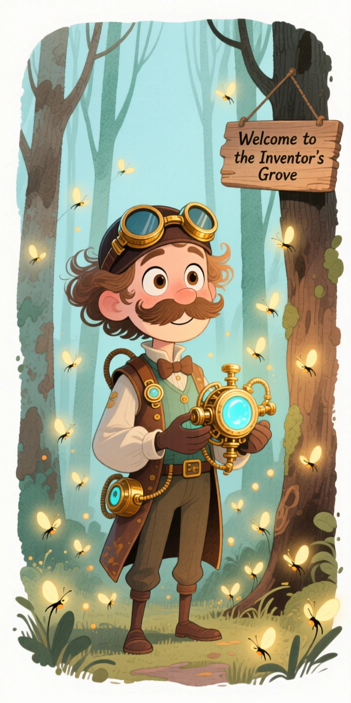 A steampunk inventor surrounded by glowing fireflies in an enchanted forest