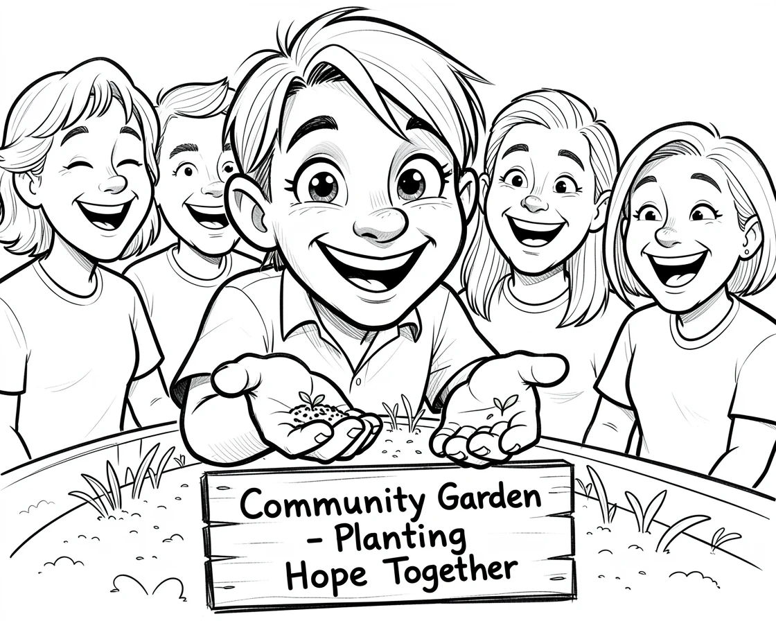 [Inspirational & Emotional Scenes] Touching, uplifting scene of a person planting seeds in a community garden with neighbors, evoking deep emotion