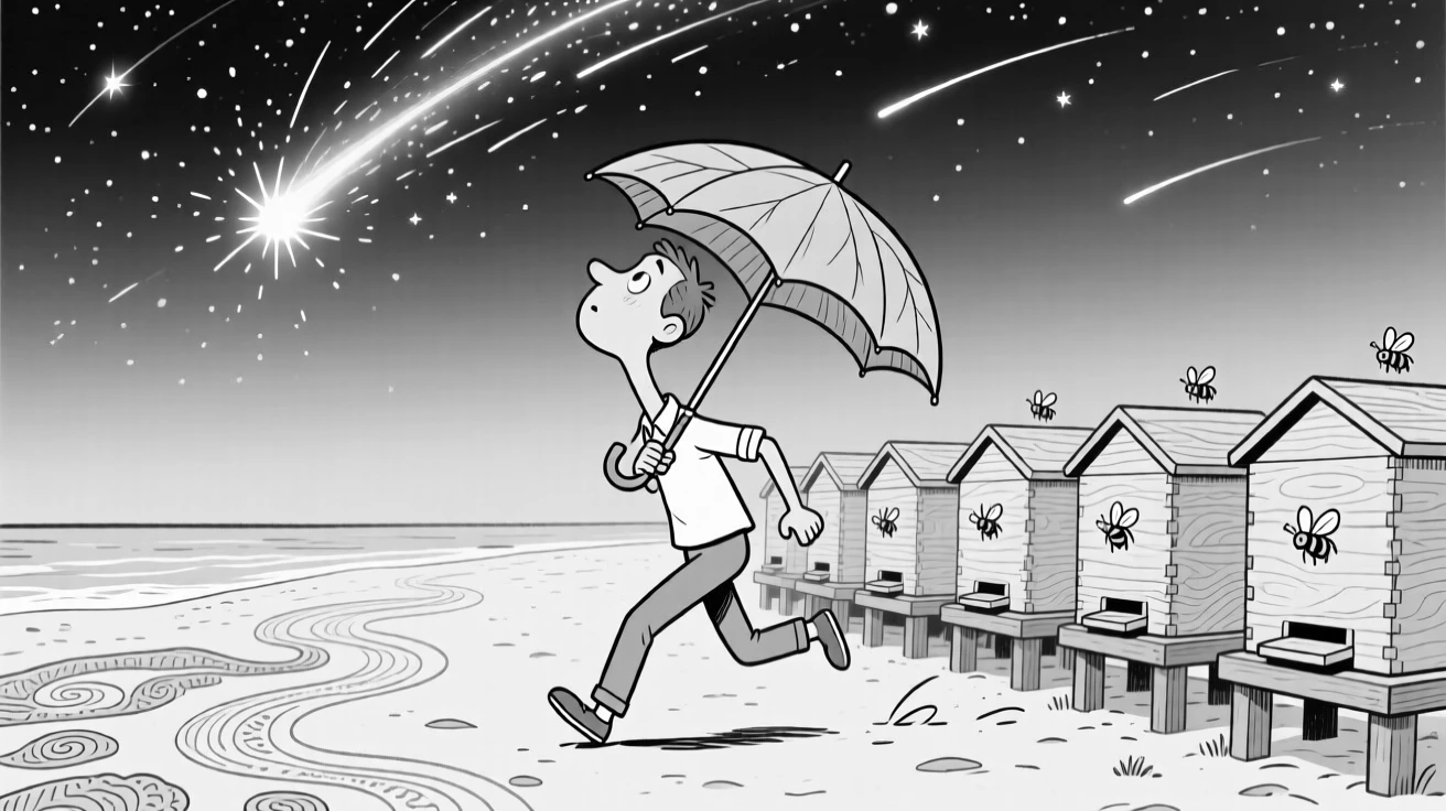 A stargazer craning his neck at a spectacular meteor shower, sprinting for cover under one flimsy leaf as an umbrella, set beside a row of humming beehives. Seafoam traces delicate patterns in the sand. It captures the quiet wonder of the changing seasons.