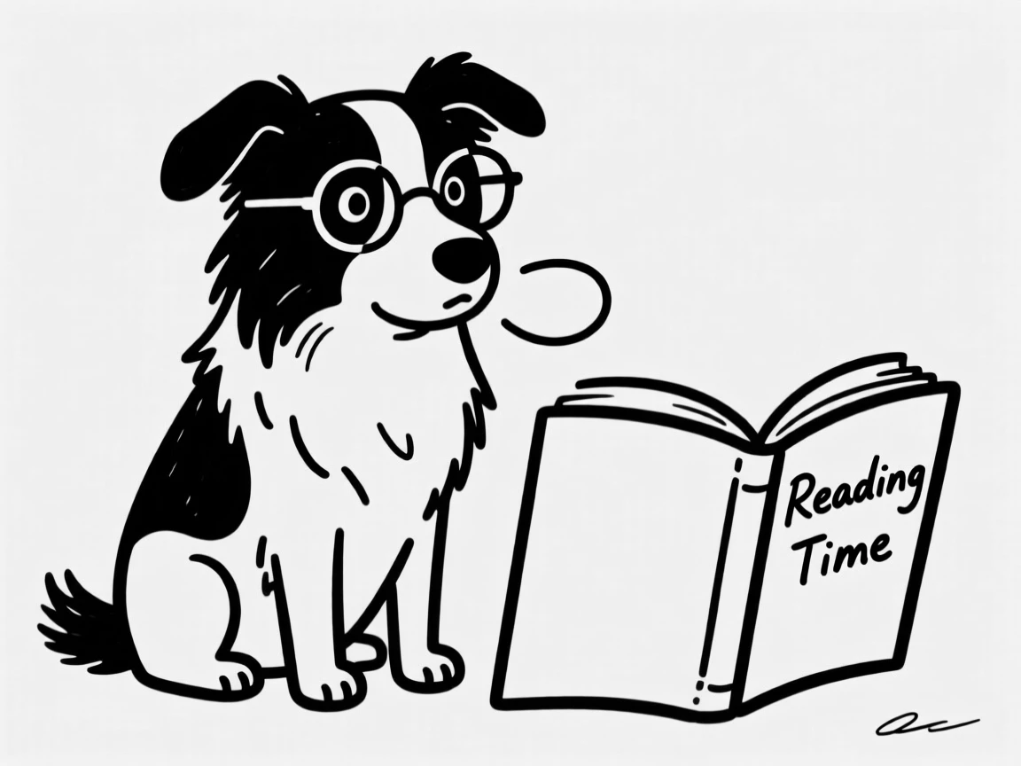 A border collie wearing tiny reading glasses, sitting beside an open book.