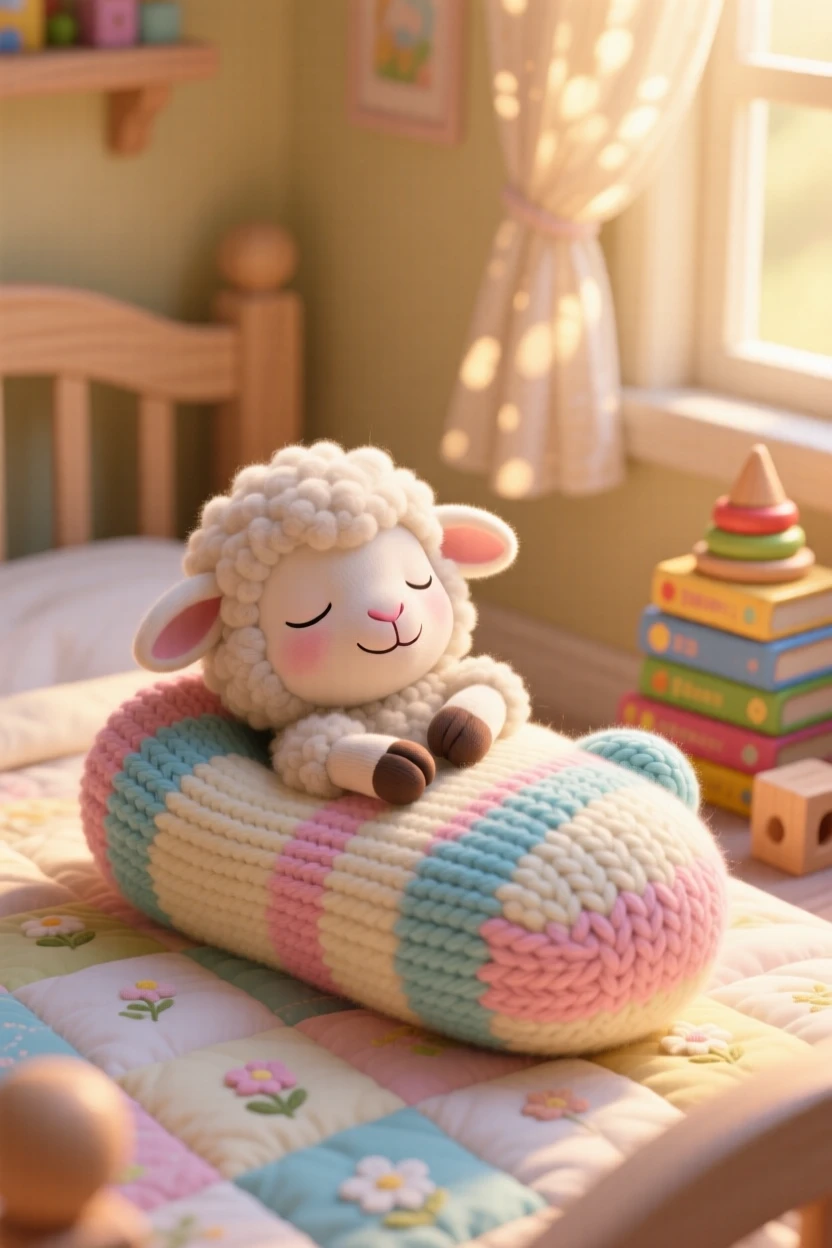 A fluffy lamb is tucked inside a knitted mitten, stretching after a long nap. A gentle, sleepy calm fills the moment, with a faint smile-like expression.