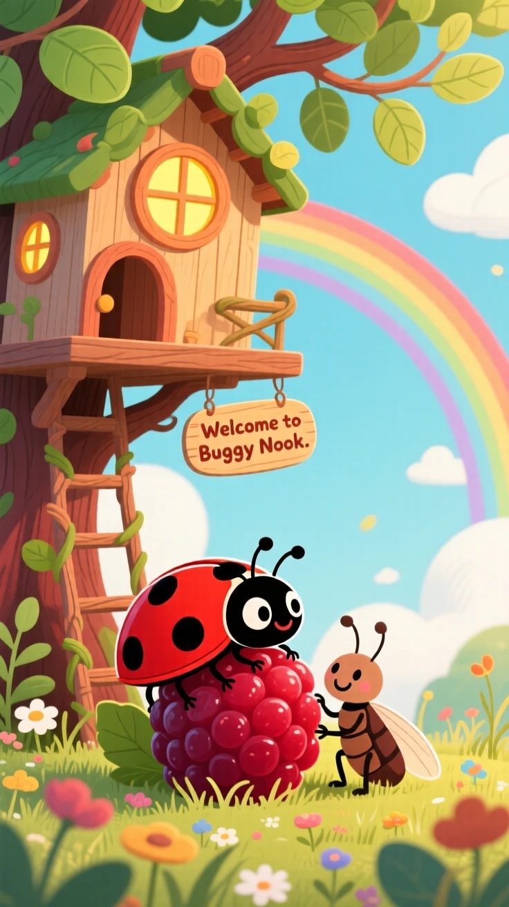 A spotted ladybug pauses from sharing a berry with a friend to look up in a cozy treehouse, with a rainbow arching in the distance.