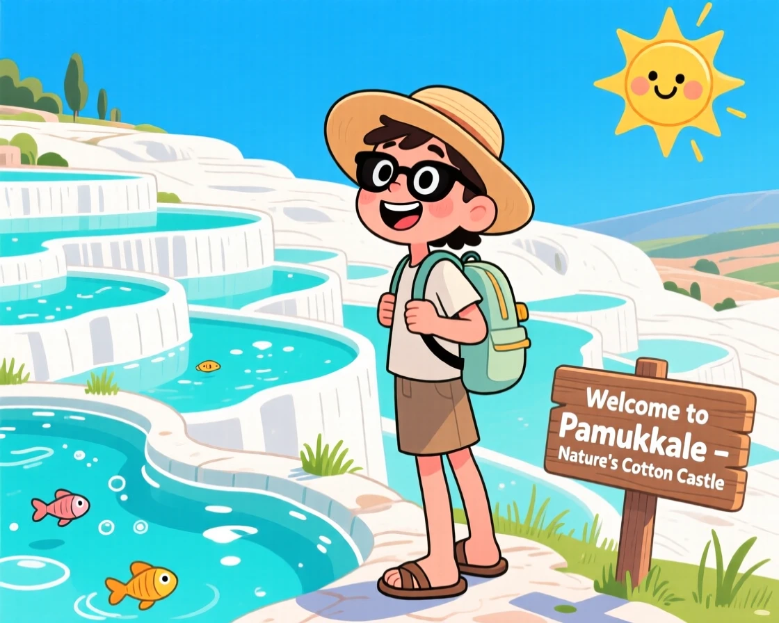 A traveler exploring the turquoise terraces of Pamukkale.