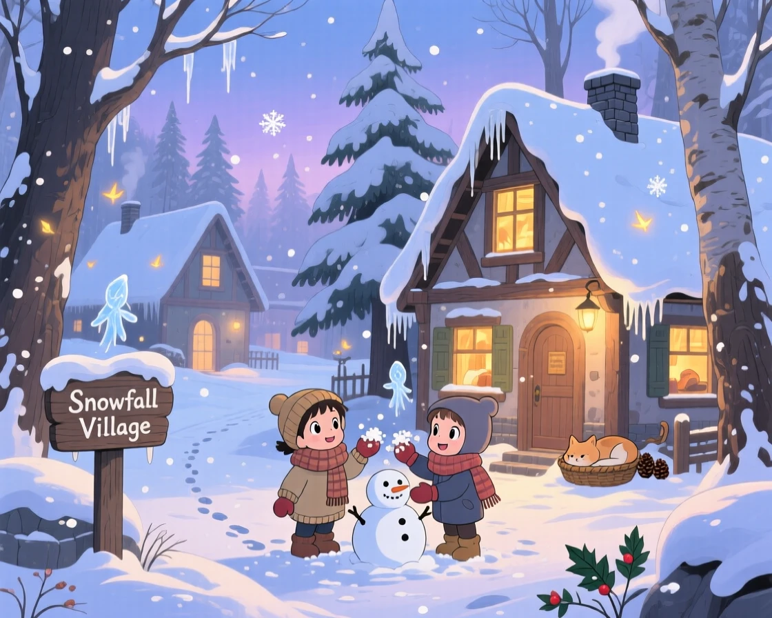 A winter scene of a village blanketed in fresh snow with warm lit windows, as small details of the season fill every corner.