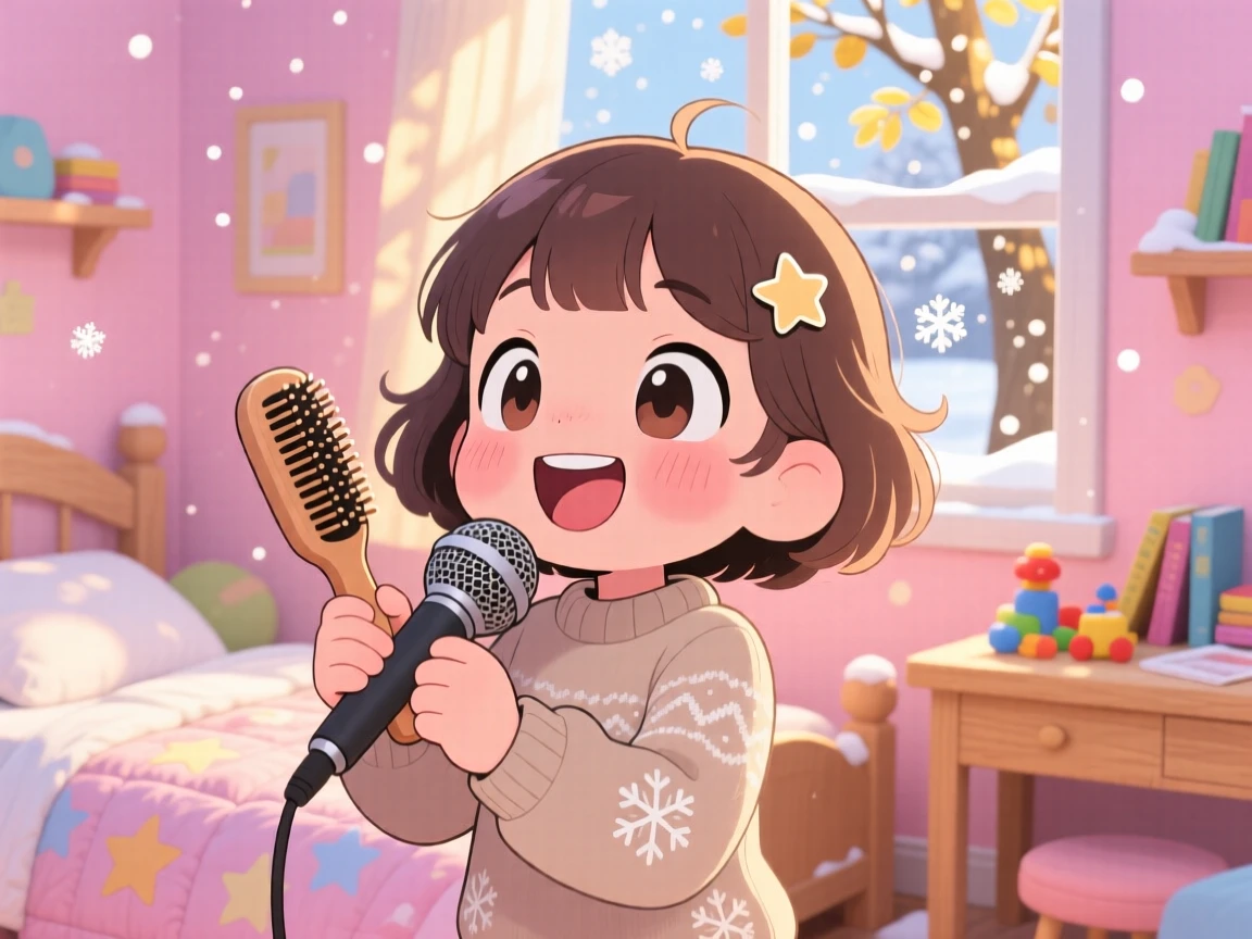 A small girl singing into a hairbrush microphone in a colorful bedroom during a cozy winter snowfall; warm morning light filtering through leaves washes over the scene as triumphant pride fills the moment. Extreme close-up.
