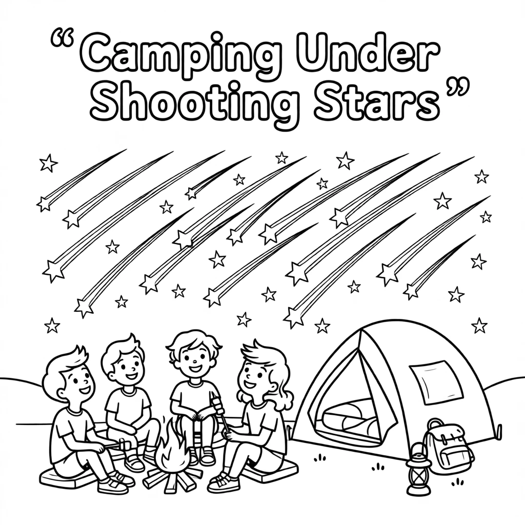 A group of friends camping beneath a sky full of shooting stars