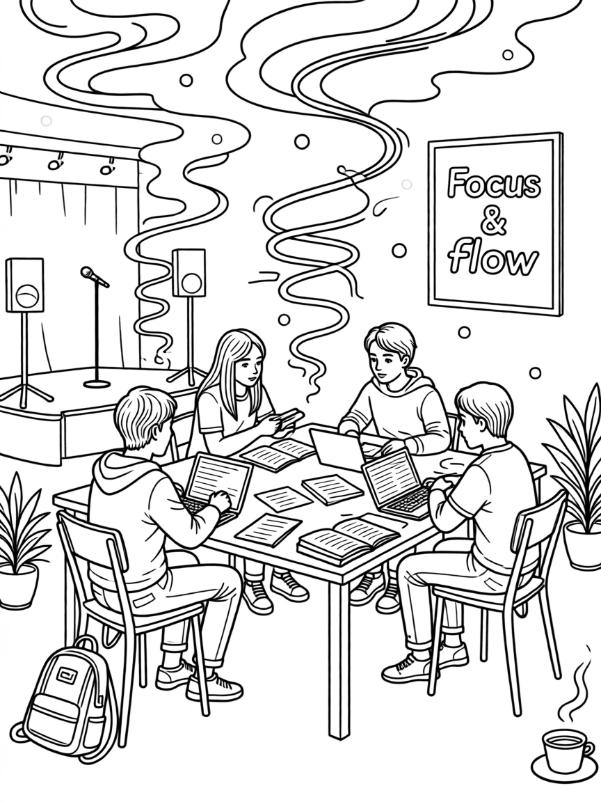 A study group gathered around a table covered in notes, with smoke and colored lights swirling around the stage.