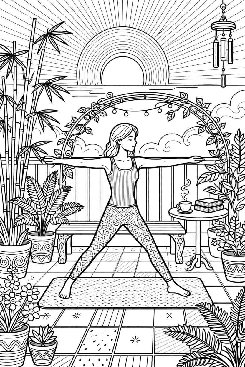 A woman practicing gentle stretches on a rooftop garden at sunset.