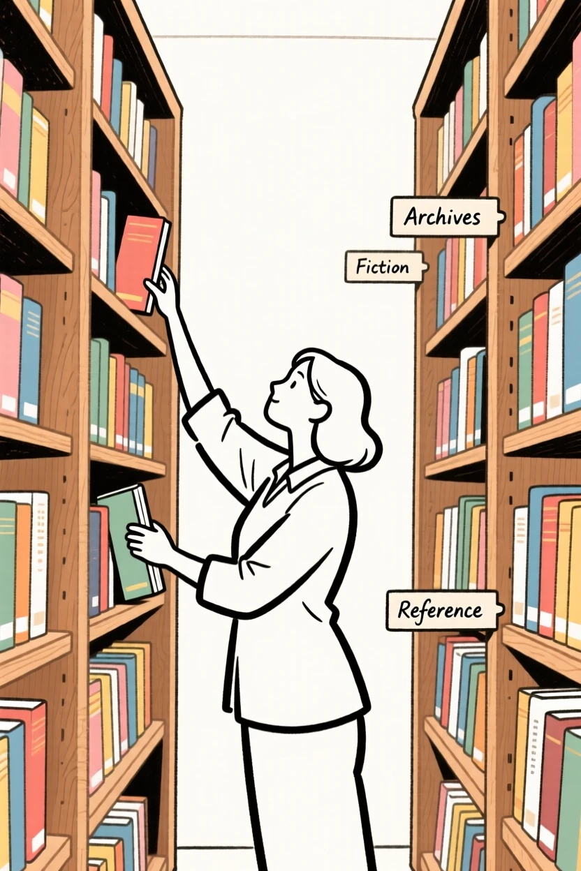 A librarian organizing books on tall wooden shelves.