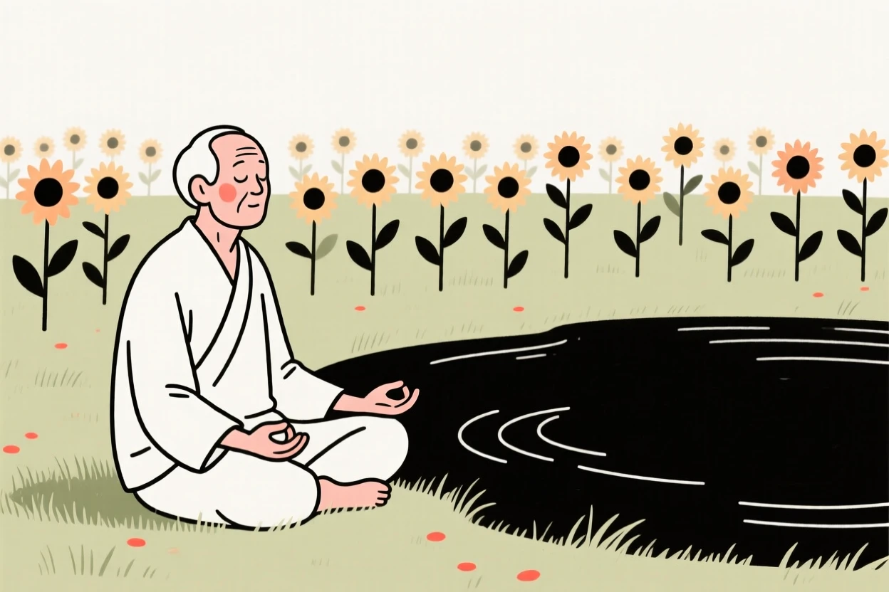 A grandfather meditating beside a still pond, in a sunflower field.