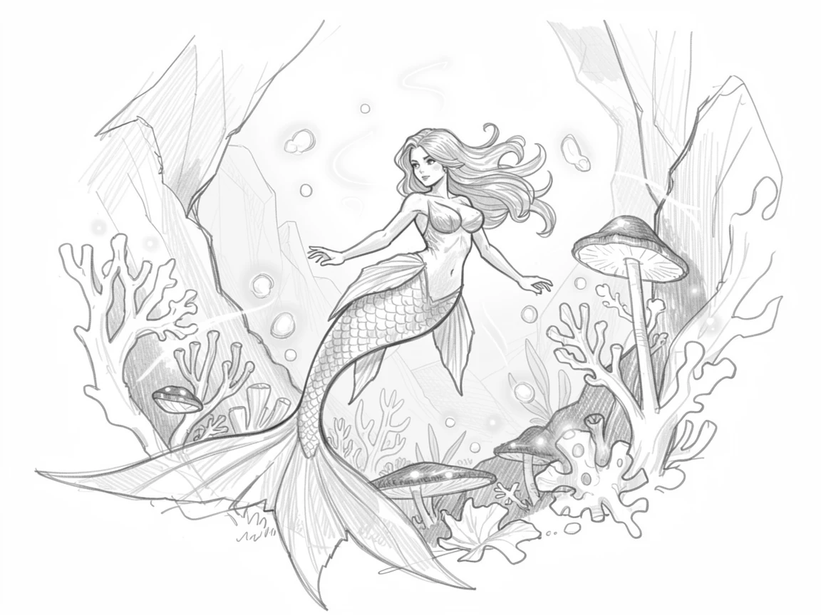 An epic fantasy scene of a mermaid gliding through a bioluminescent reef in a valley bathed in otherworldly light, with magical light swirling through the air.