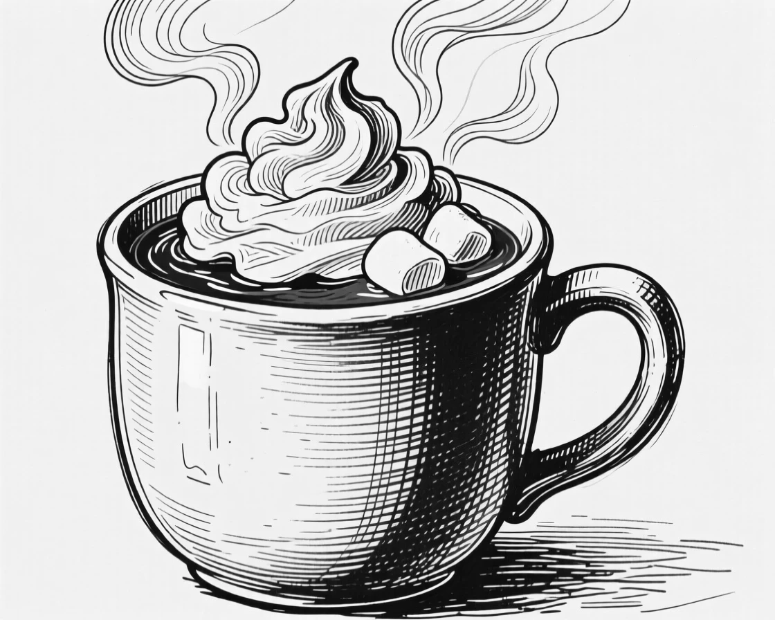 A steaming mug of hot chocolate topped with whipped cream and marshmallows.