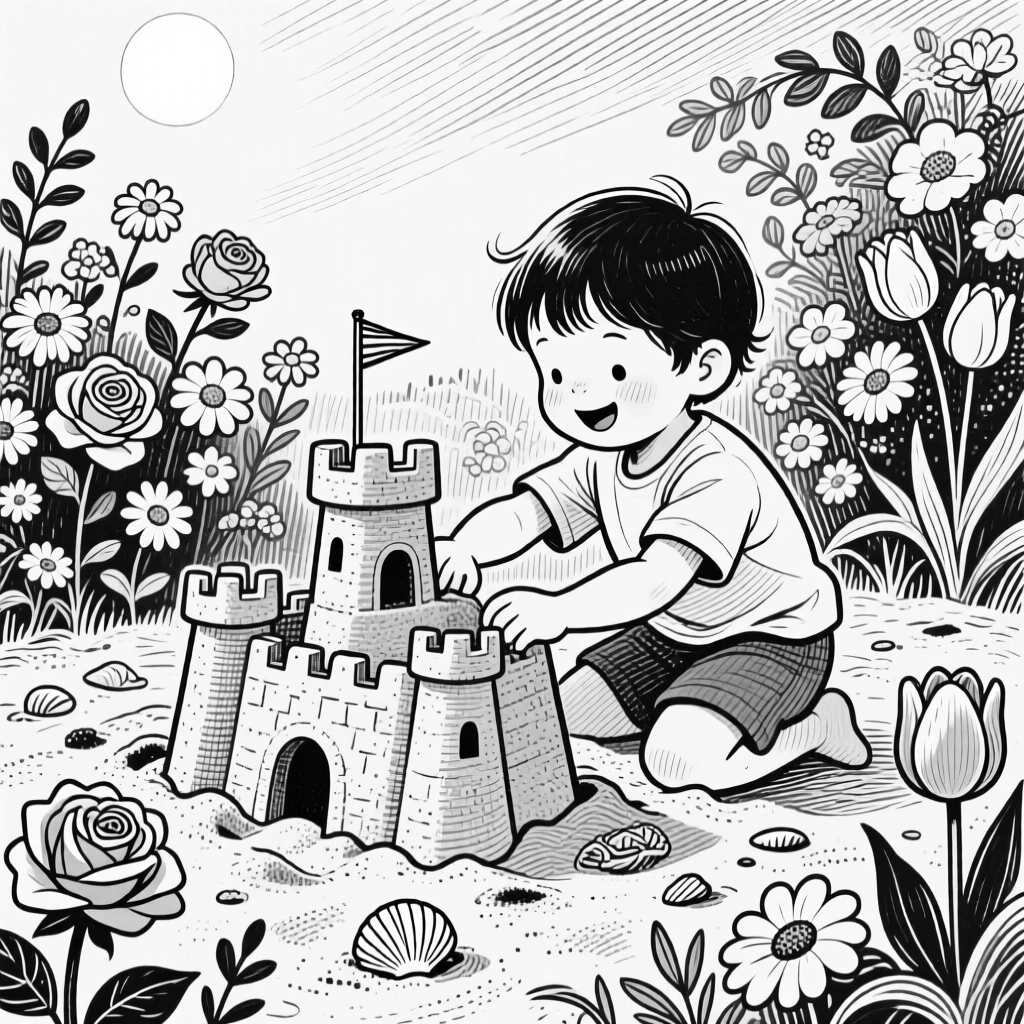 A child building a sandcastle in a garden filled with blooming flowers, with soft light illuminating their faces, creating a lighthearted and playful lifestyle scene.