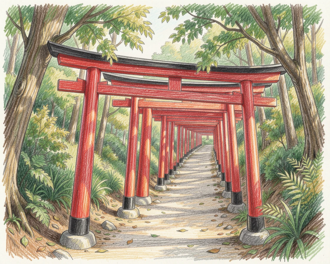 A row of red torii gates leading up a forested hillside, with delicate details that reward a closer look, full of charm, emotion, and visual delight.
