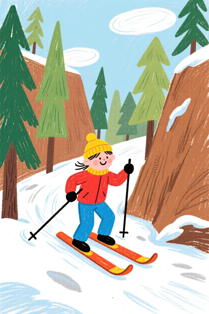 A cross country skier paddling through a quiet forested canyon.