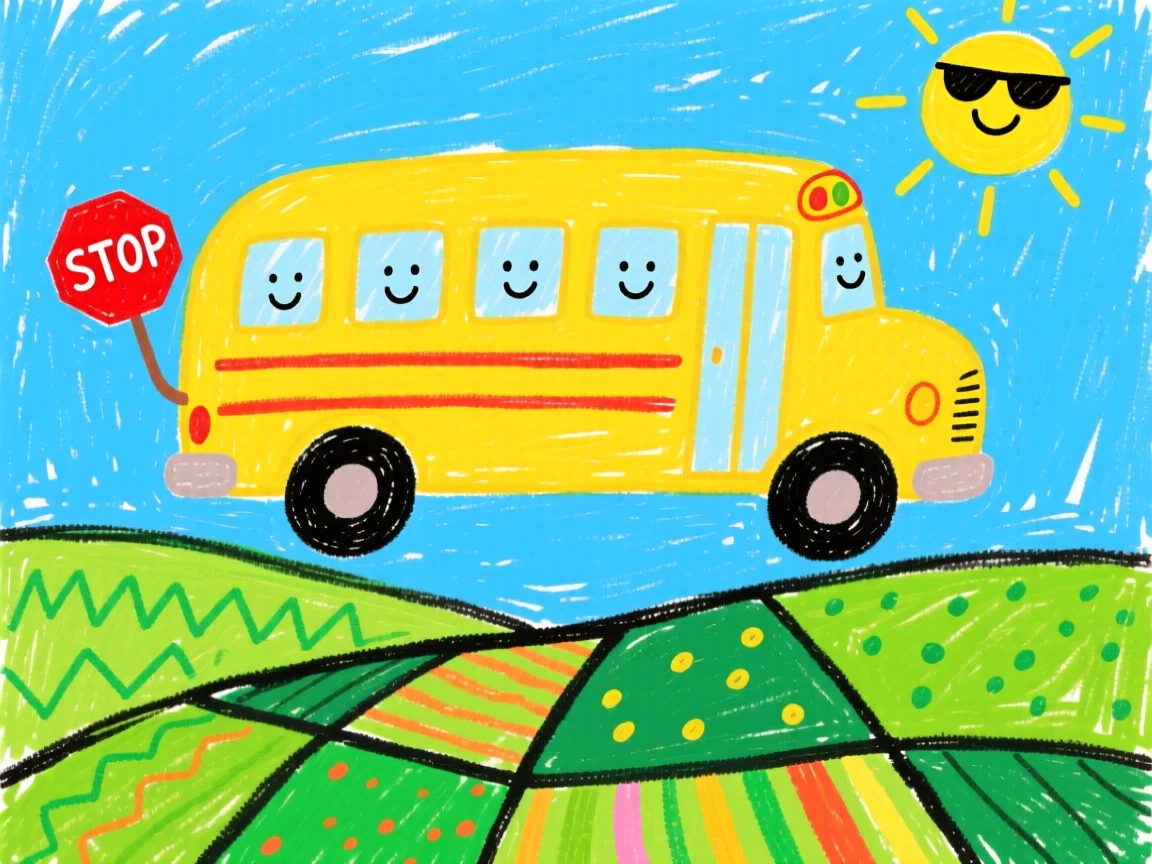 A big yellow school bus floating above a patchwork of green fields.