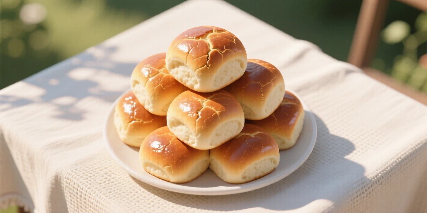 A stack of soft dinner rolls fresh from the oven, arranged on a linen tablecloth outdoors, arranged in an appetizing overhead flat lay, with glossy highlights that make the dish look freshly made.