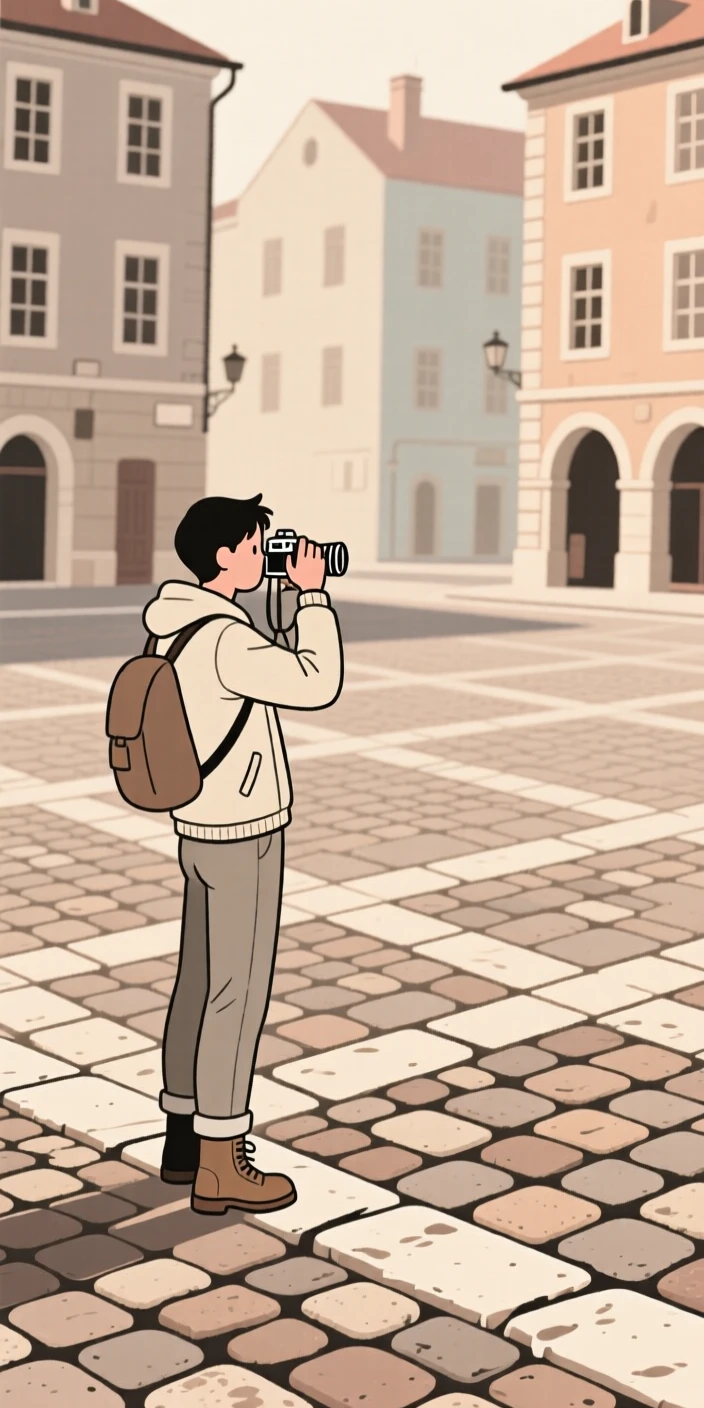 A traveler taking photos near an old cobblestone square.