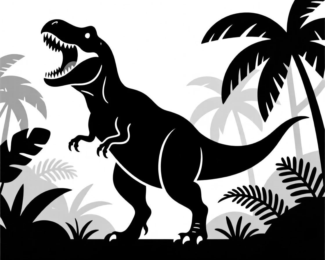A towering Tyrannosaurus rex roaring in a prehistoric jungle.