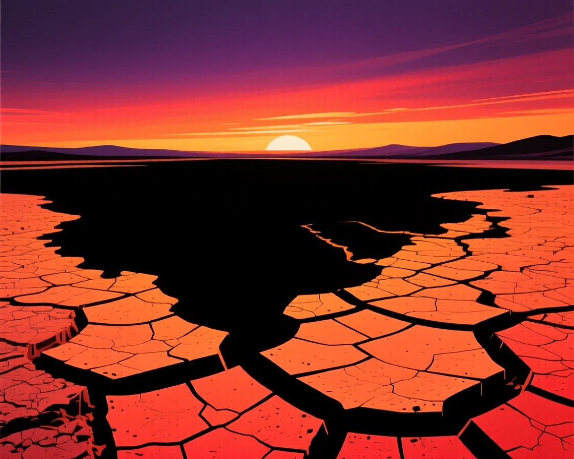 A wide expanse of cracked earth stretching across a dry lakebed.