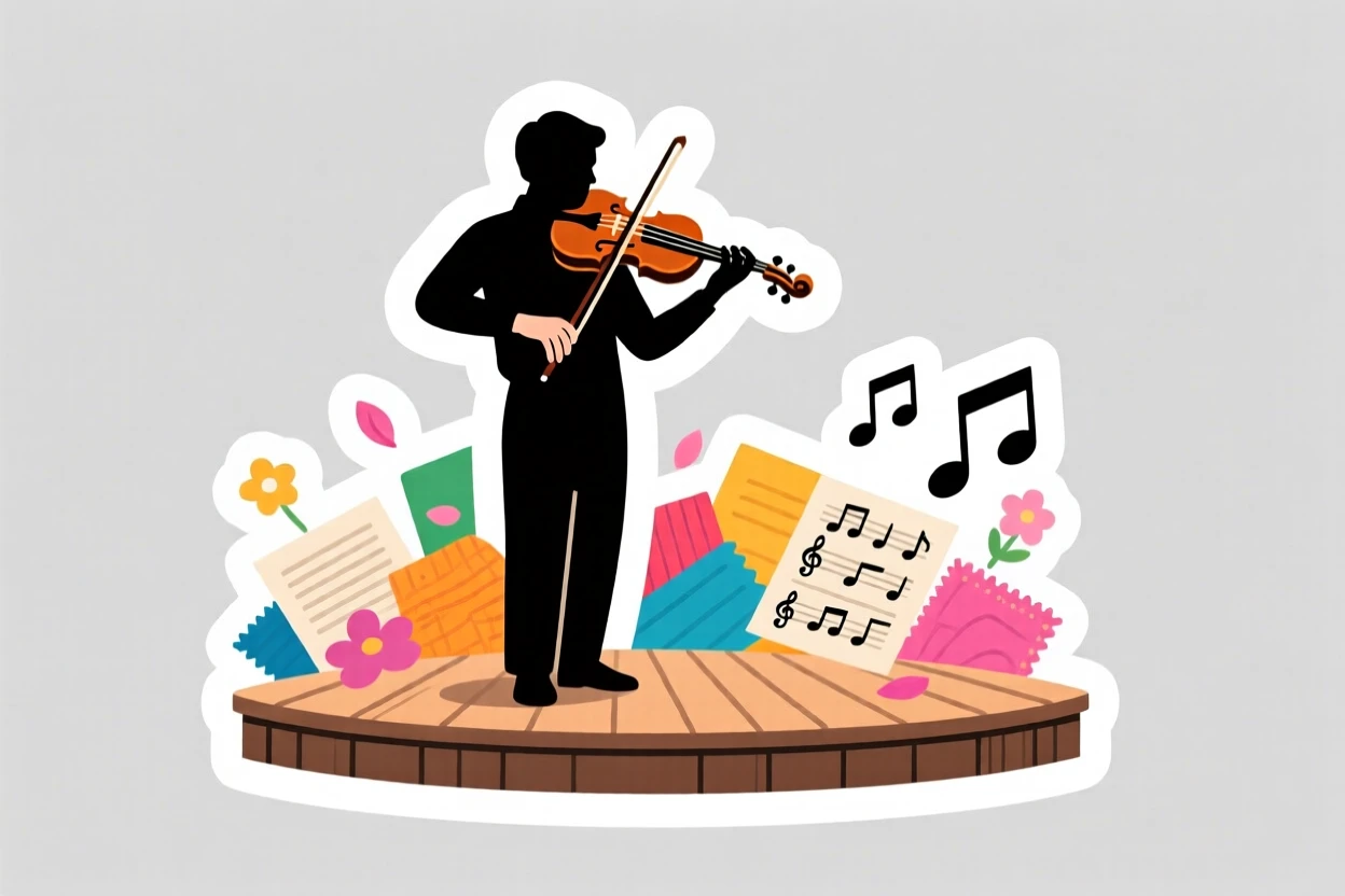 A quietly passionate violinist performing on a small stage, with colorful materials spread all around, on a quiet weekend afternoon.